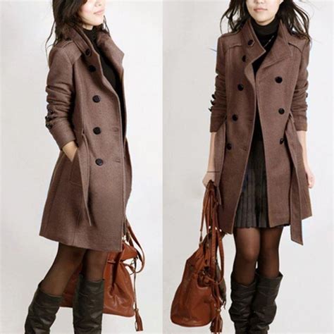 korean women trench woolen coat winter slim double breasted overcoat