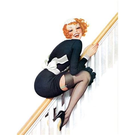 Pin Up Art Redhead In Maids Uniform Sliding – Poster Canvas Print