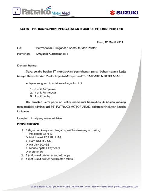 Surat Permohonan Pengadaan Komputer Dan Printer Docx