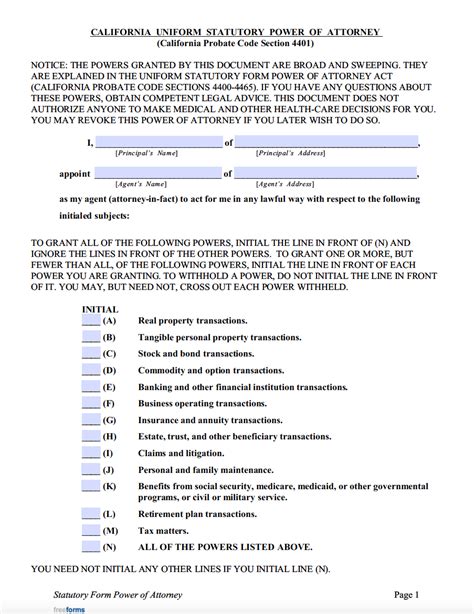 durable power  attorney california form  printable forms