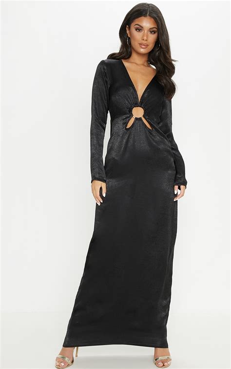 black satin ring maxi dress dresses prettylittlething usa