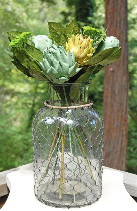 Large 12 Glass Vase With Chicken Wire And Bamboo Glass