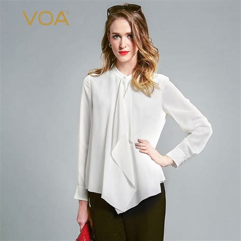 Voa Solid White Office Shirt Silk Blouses Plus Size Women