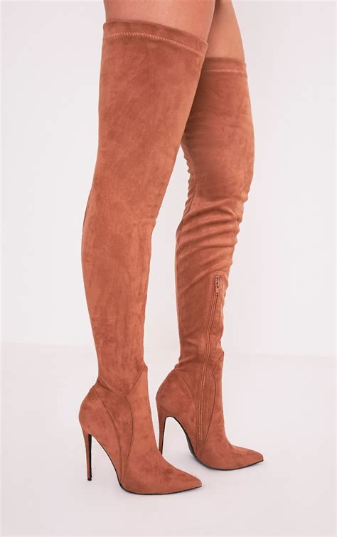 emmie camel faux suede extreme thigh high heeled boots boots