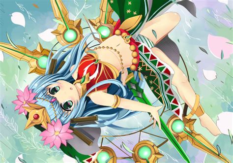 Puzzle And Dragons Barefoot Blue Hair Flowers Green Eyes Long