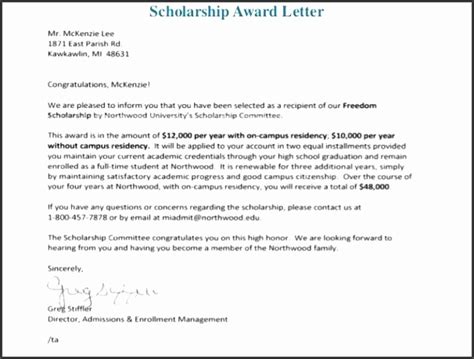 scholarship award letter template sampletemplatess sampletemplatess
