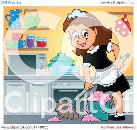 clipart of a cartoon happy brunette maid mopping a kitchen