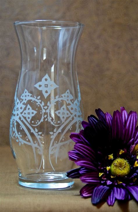 glass etched star flower design on hurricane vase sandblasted sand