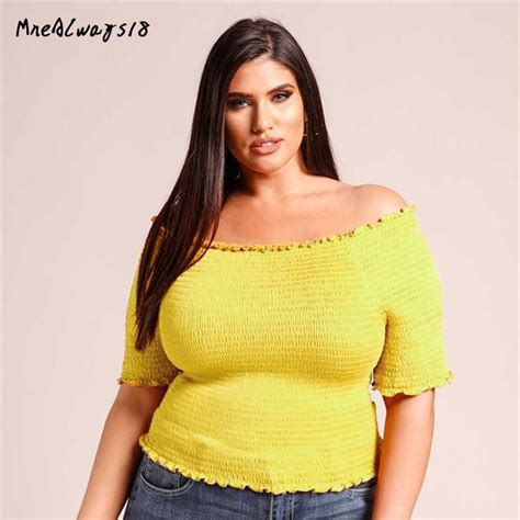 Mnealways18 Plus Size Yellow Elastic Crop Top Women Off Shoulder