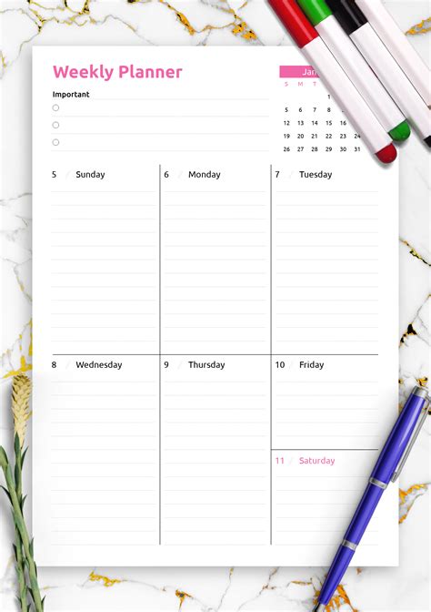 printable colored  page weekly planner