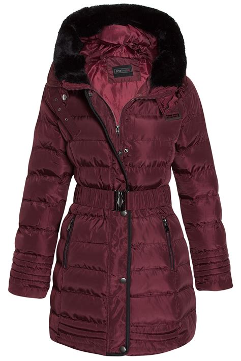 womens belted long fur hooded trim padded quilted winter faux coat warm