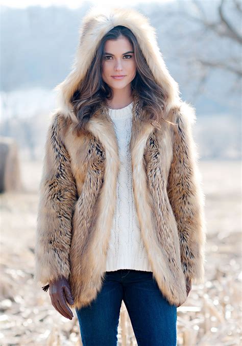 gold fox hooded faux fur jacket fabulous furs style  size pinterest fur jacket fur