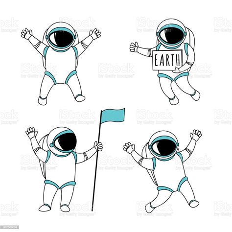 Funny Astronaut Spaceman Characters Exploring Outer Space Stock