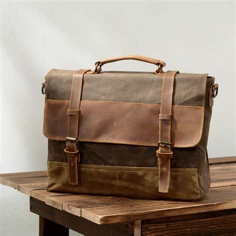 men vintage waxed canvas messenger bag crazy horse leather soft man travel bags retro school bag