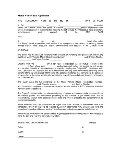 vehicle selling agreement template