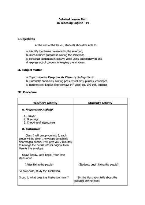 detailed lesson plan sample detailed lesson plan  teaching english