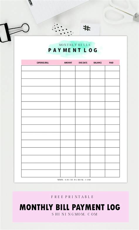 organizer  printable monthly bill payment log     sheet
