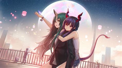 2girls arknights ch en arknights green hair hoshiguma