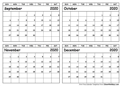 Print September To December 2020 Calendar Template 4