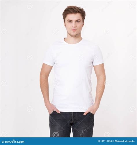 Young Man Wearing Blank White T Shirt Isolated On White Background