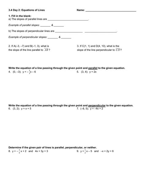 writing equations  parallel  perpendicular lines worksheet