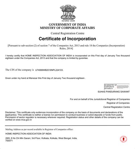 certificate  incorporationa professional home inspection india