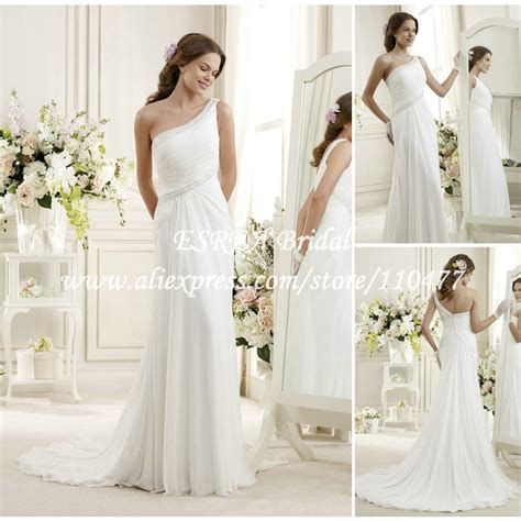 Grecian Style Beaded One Shoulder White Chiffon Beach Wedding Dress