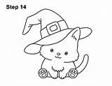 Cat Witch Hat Halloween Draw Cartoon Drawing Kitten Wearing Cute Step Kitty Marker Permanent Carefully Pen Lines Using Go Over sketch template