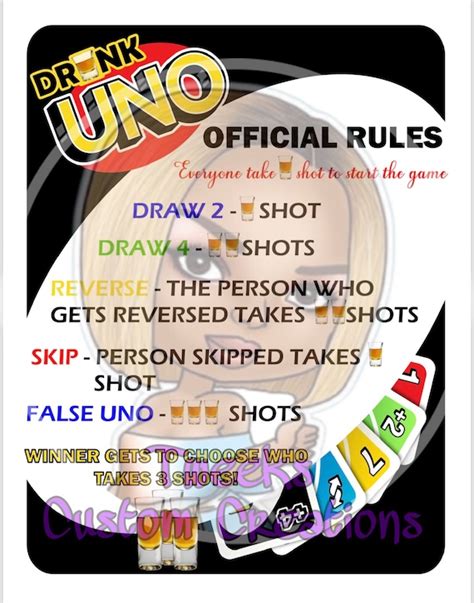 drunk uno rules card instant  drinking game shots etsy
