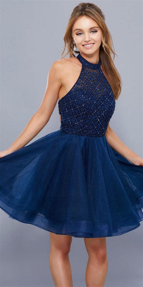 Cut Out Back Beaded Top Tulle Skirt Short Prom Dress Navy