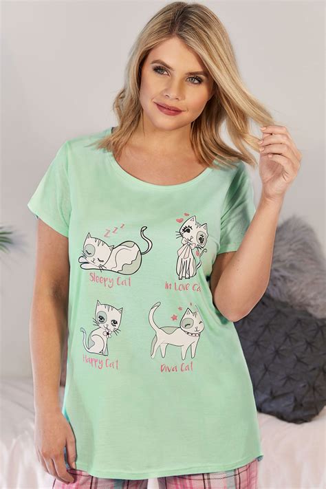 mint green four cat print pyjama top plus size 16 to 36