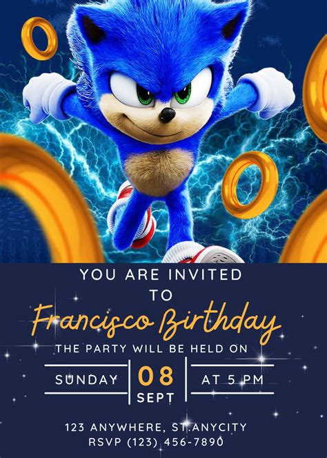 sonic  hedgehog birthday invitation kids  invitation card