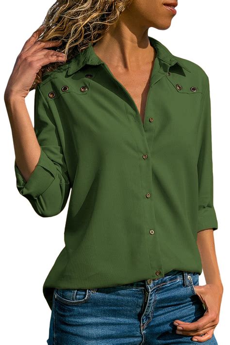chicloth dark green stylish button detail long sleeve blouse   long sleeve blouse