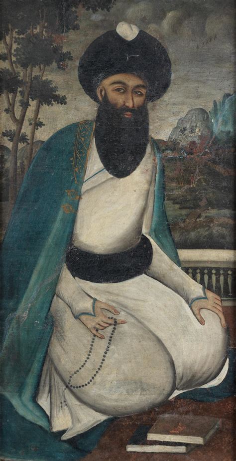 bonhams an imam seated at a balcony with a landscape beyond qajar
