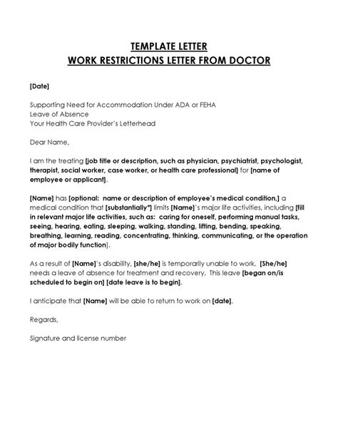doctors note work restrictions letter  doctor samples