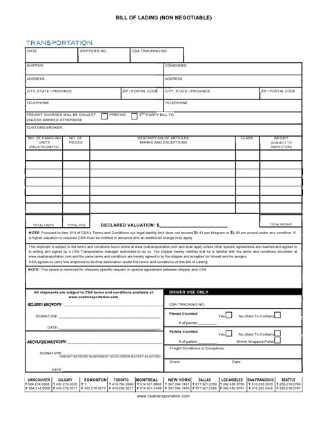 printable  blank straight bill  lading short form   tax form