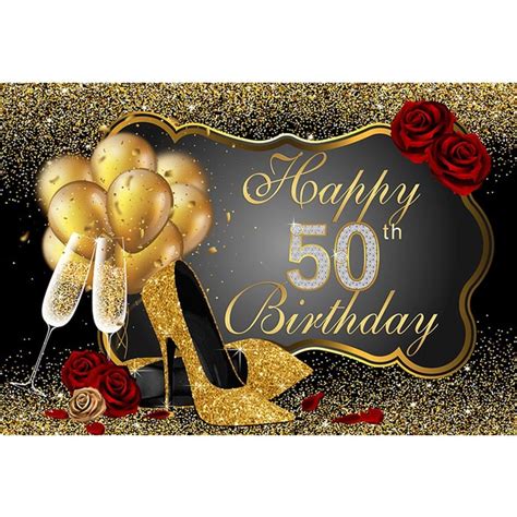 Happy 50th Birthday Party Backdrop Printed Gold Balloons High Heels