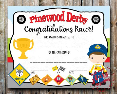 pinewood derby certificate printable template printable templates