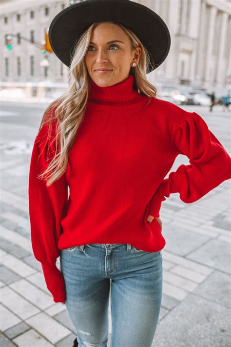 Red Turtleneck Puff Sleeve Sweater Red Turtleneck Puff Sleeve