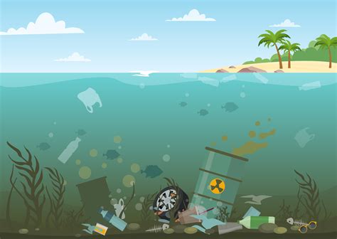 vector illustration  ocean water full  dangerous waste   bottom eco water pollution