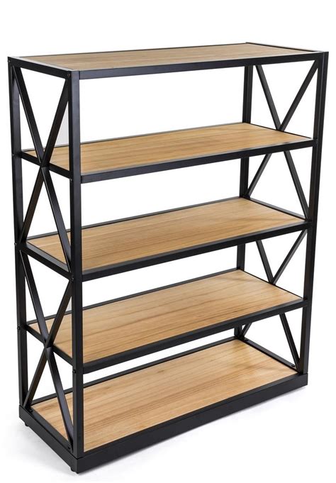 steel frame  sided shelving unit   solid wood tiers open