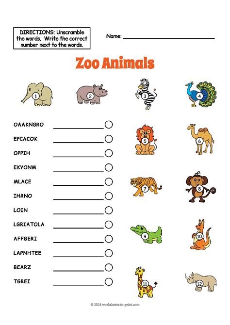 zoo color  number worksheet  kindergarten  printable digital