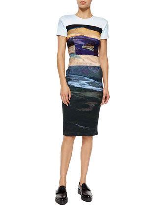 mcq alexander mcqueen short sleeve landscape print body conscious dress