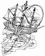 Squid Kraken Attacking Ship Tattoos sketch template
