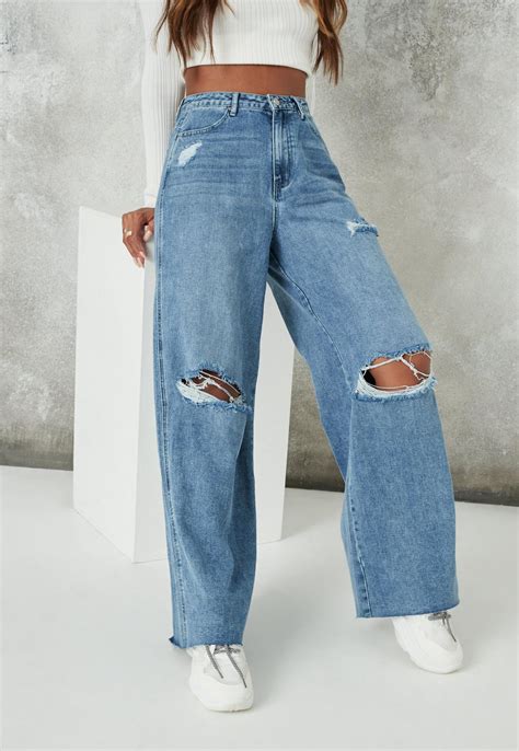 blue knee rip baggy boyfriend jeans missguided