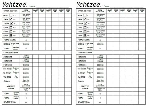yahtzee template learning printable