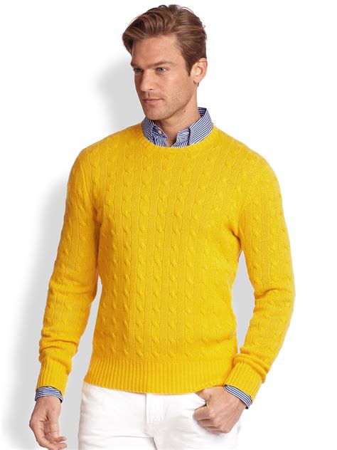 polo ralph lauren cableknit cashmere sweater  yellow  men lyst