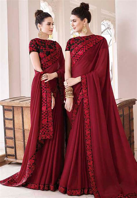 maroon silk embroidered saree  blouse