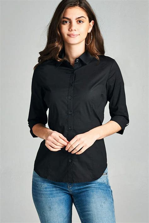 Women S Classic 3 4 Sleeve Stretch Button Down Collar Dress Work Shirt