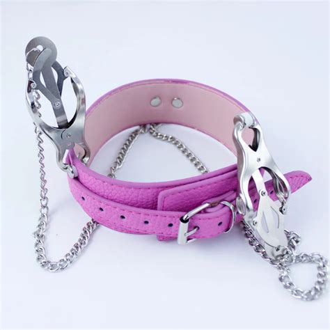 Pink Leather Neck Bondage Harness Slave Collar With Nipple Clamps Sex